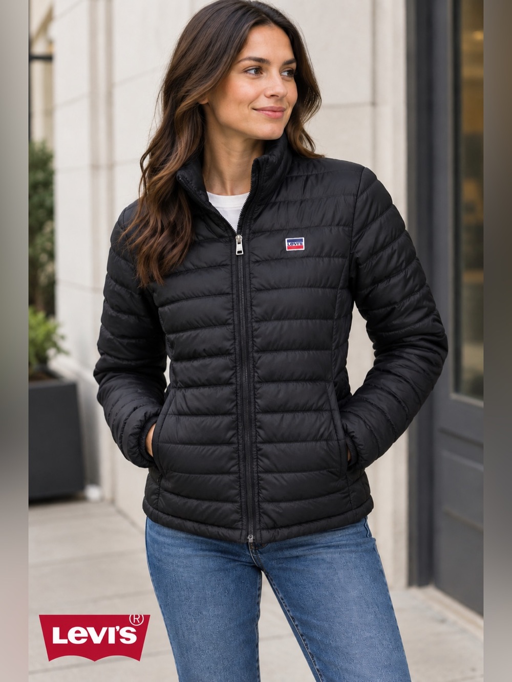 Levi’s Black Quilted Puffer Jacket Full Zip Stand Collar